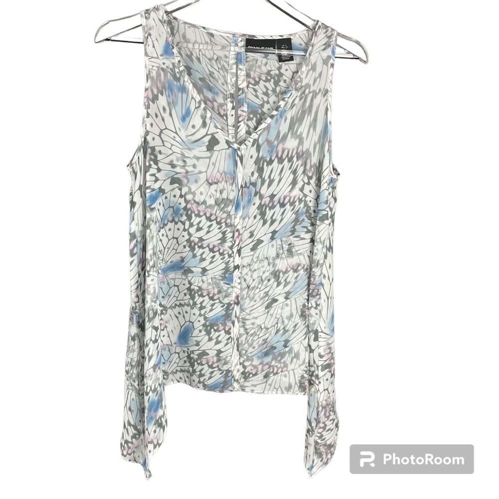 Dkny Jeans Sleeveless Sheer Blouse with Keyhole Cutout and Handkerchief Hemline